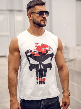 Λευκή-μαύρη αμάνικη μπλούζα tank top με στάμπα Bolf 14822A