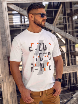 Λευκό βαμβακερό ανδρικό t-shirt με στάμπα Bolf 14752A