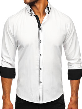 Λευκό-μαύρο κομψό ανδρικό πουκάμισο με μακριά μανίκια Bolf 3703