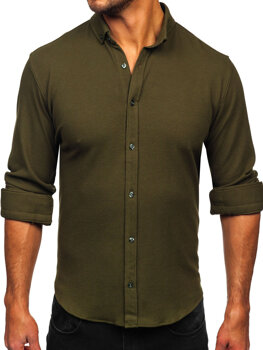 Χακί ανδρικό πουκάμισο μουσελίνας με μακρύ μανίκι Bolf 506