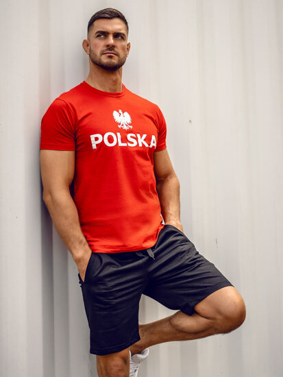 Κόκκινο βαμβακερό ανδρικό t-shirt με τύπωμα Polska 5065A