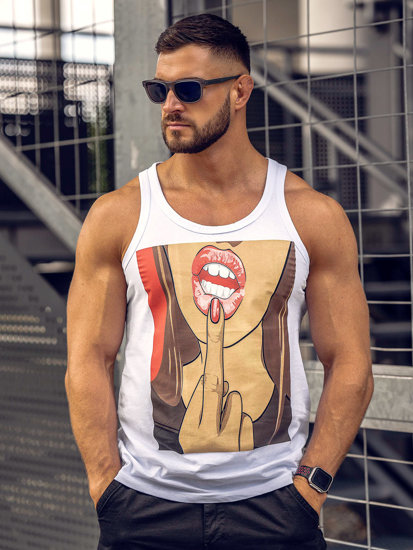 Λευκή ανδρική αμάνικη μπλούζα tank top με στάμπα Bolf 143026A