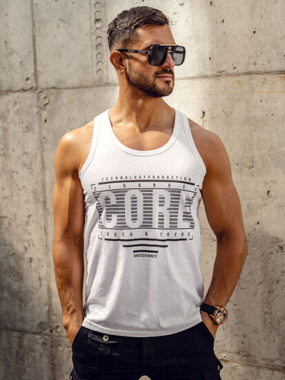 Λευκή ανδρική αμάνικη μπλούζα tank top με στάμπα Bolf 14840A