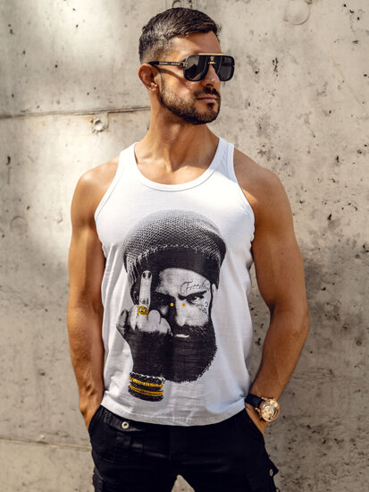 Λευκή ανδρική αμάνικη μπλούζα tank top με στάμπα Bolf 14842A