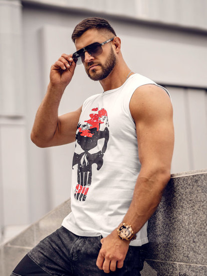 Λευκή-μαύρη αμάνικη μπλούζα tank top με στάμπα Bolf 14822A