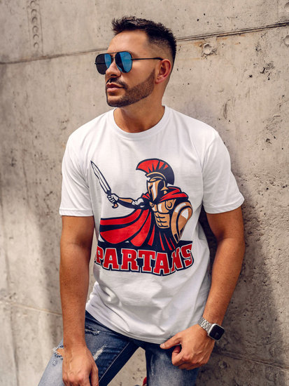 Λευκό βαμβακερό ανδρικό t-shirt με στάμπα Bolf 143017A