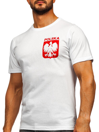 Λευκό βαμβακερό ανδρικό t-shirt με τύπωμα Polska 5064