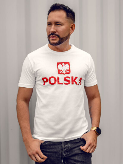 Λευκό βαμβακερό ανδρικό t-shirt με τύπωμα Polska 5065A