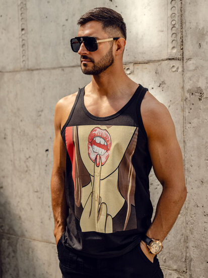 Μαύρη ανδρική αμάνικη μπλούζα tank top με στάμπα Bolf 143026A