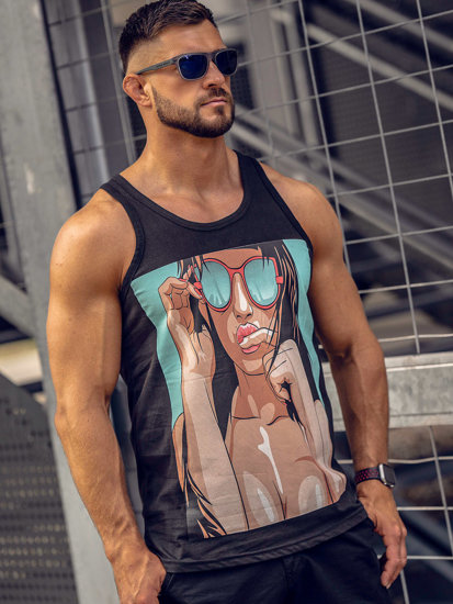 Μαύρη ανδρική αμάνικη μπλούζα tank top με στάμπα Bolf 143027A