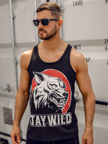 Μαύρη ανδρική αμάνικη μπλούζα tank top με στάμπα Bolf 143029