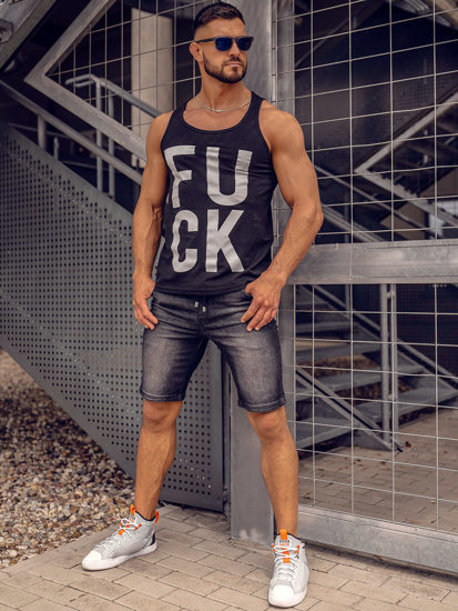 Μαύρη ανδρική αμάνικη μπλούζα tank top με στάμπα Bolf 14830A