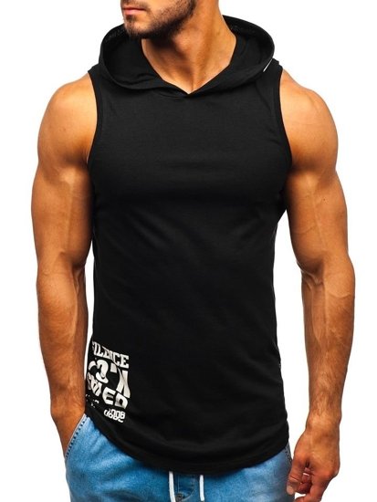 Μαύρο ανδρικό tank top με κουκούλα και τύπωμα Bolf 1285