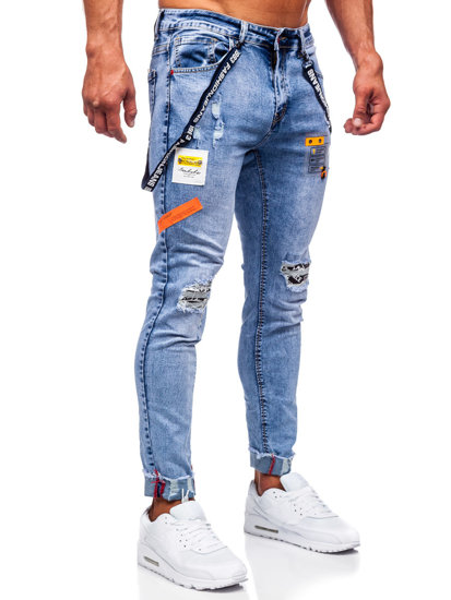 Μπλε τζιν παντελόνια ανδρικά slim fit με τιράντες Bolf KS2102-2