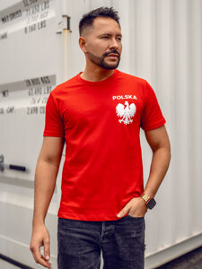 Κόκκινο βαμβακερό ανδρικό t-shirt με τύπωμα Polska 5064A