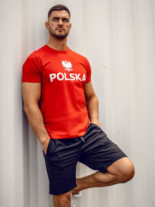 Κόκκινο βαμβακερό ανδρικό t-shirt με τύπωμα Polska 5065A