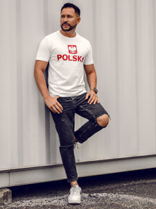 Λευκό βαμβακερό ανδρικό t-shirt με τύπωμα Polska 5065A