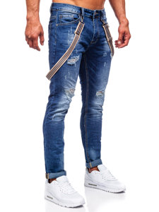 Σκούρα μπλε τζιν παντελόνια ανδρικά slim fit με τιράντες Bolf KS2056